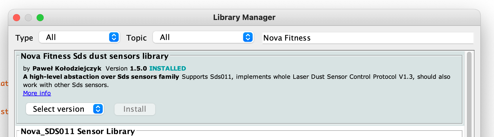 Nova Fitness SDS dust sensors library installation